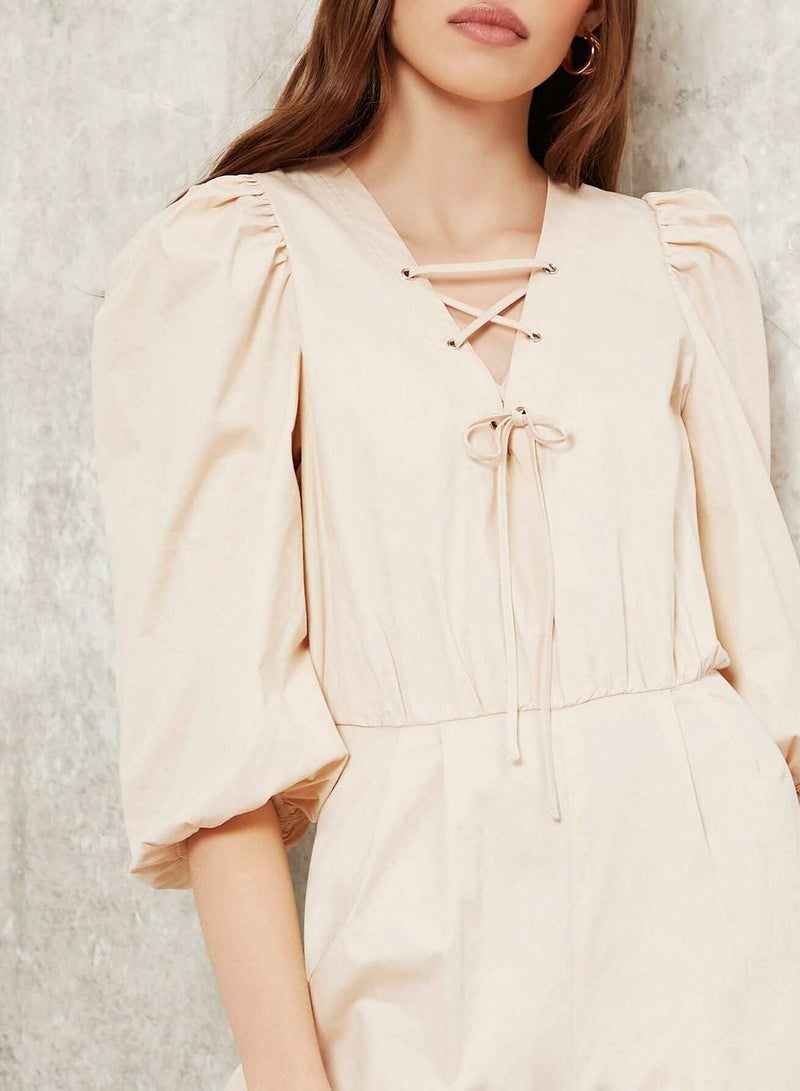 Lace Up Puff Sleeve Knot Hem Jumpsuit