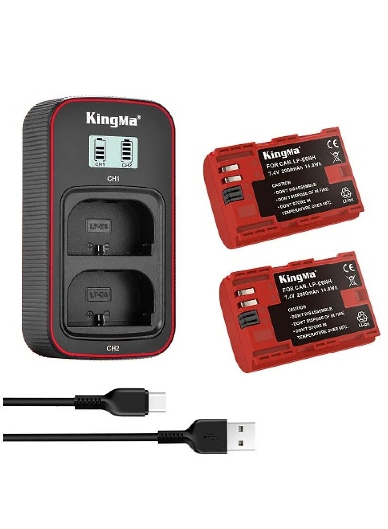 KingMa ​LP-E6NH LP-E6N LP-E6 Battery LCD USB Dual Charger with 2 Batteries for Canon EOS R5 R6 R 6D 7D 5D3 5D2 5D Mark IV 5DS R 90D 80D 70D 60D