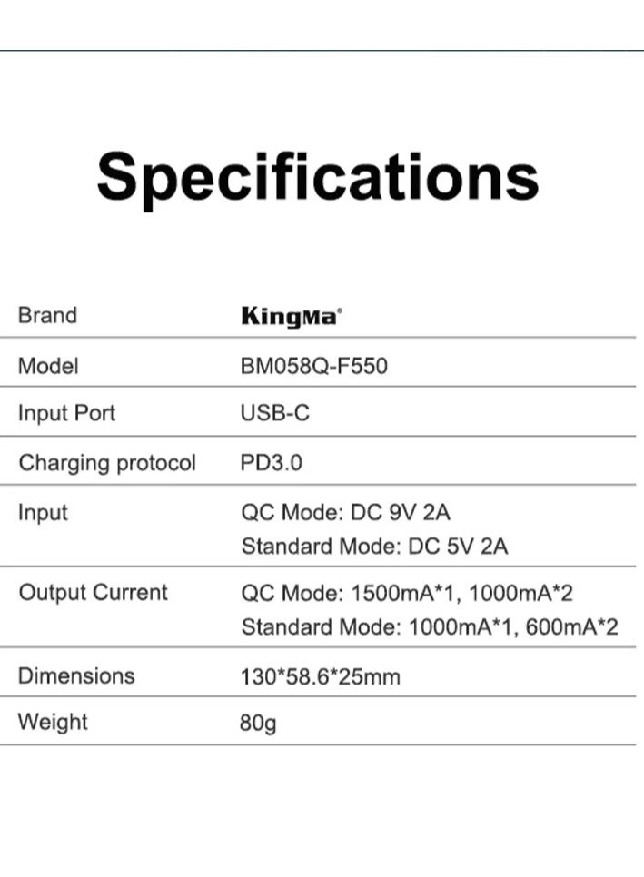 Kingma F550 Charger with USB-C Suitable for Sony NP-F550, 750, 970, 990 (BM058Q.NPF550)