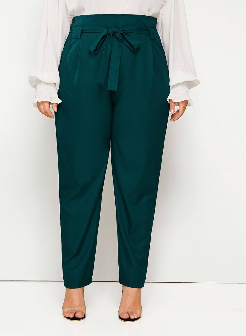 Plus Solid Wide Band Belted Pants