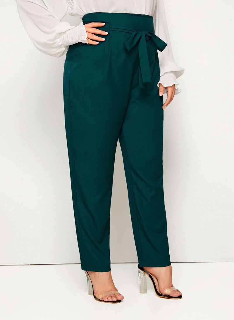 Plus Solid Wide Band Belted Pants