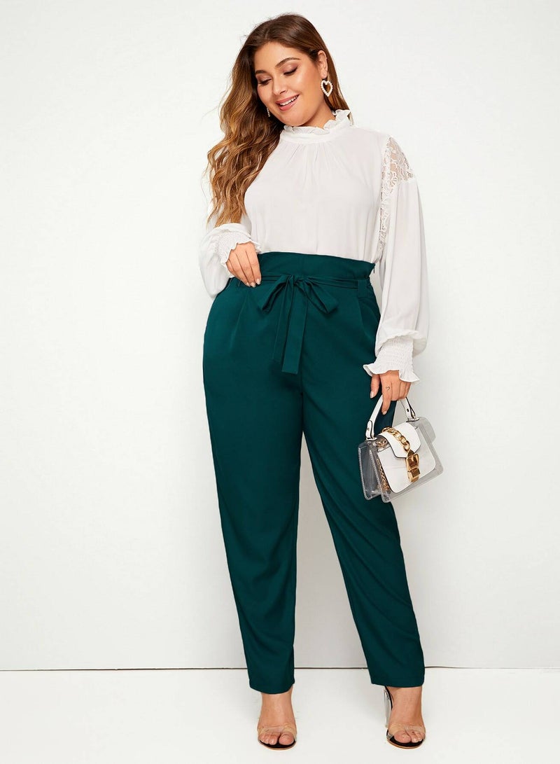 Plus Solid Wide Band Belted Pants