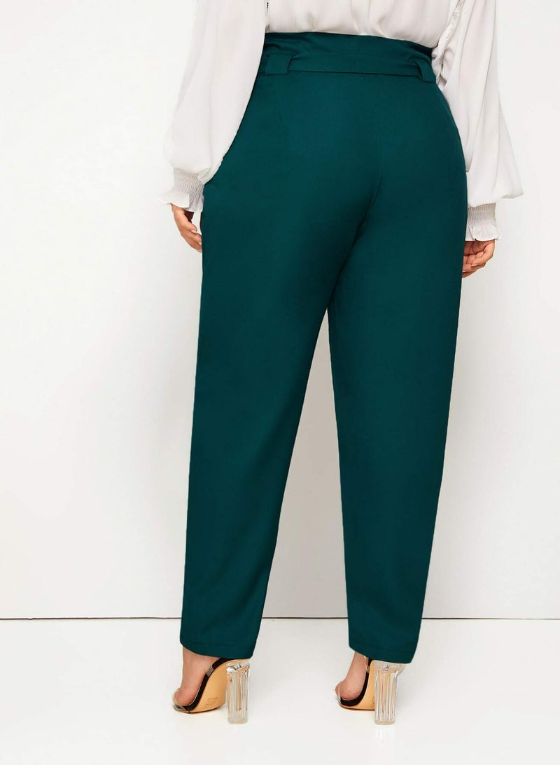 Plus Solid Wide Band Belted Pants