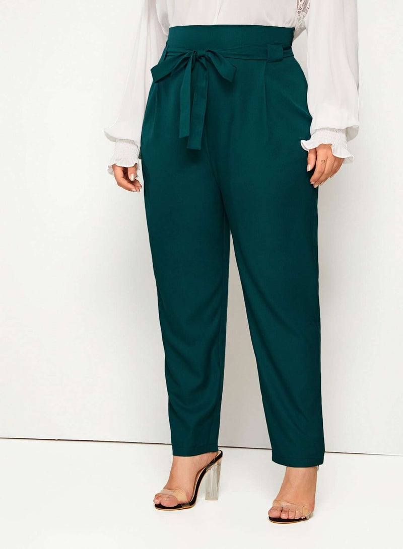 Plus Solid Wide Band Belted Pants