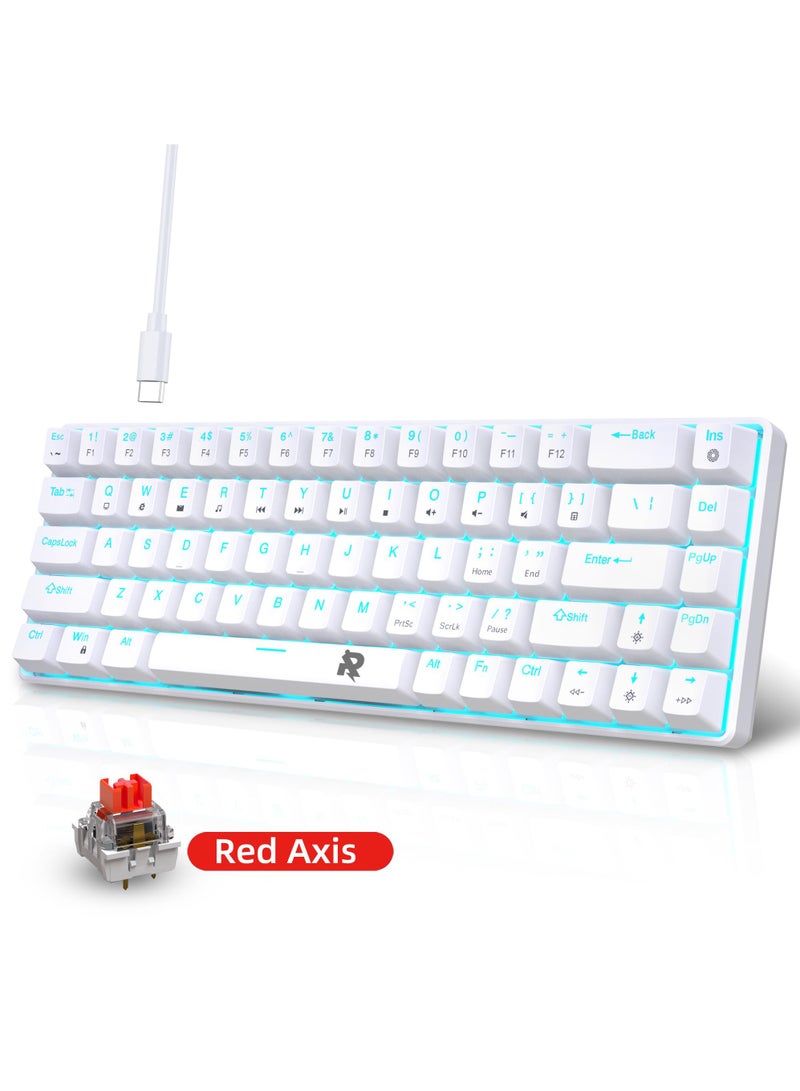 ROCK POW 60% Wired Mechanical Gaming Keyboard, 68keys Ice Blue Backlit Ultra-Compact Mini Keyboard, Mini Compact Keyboard for PC/Mac Gamer, Typist, Easy Carry on Trip Red Switch White