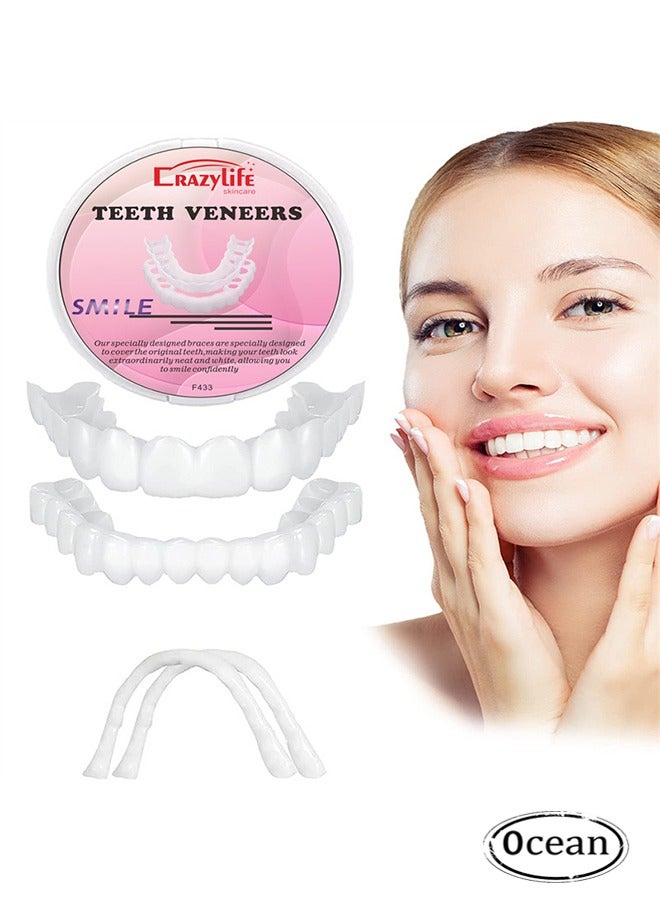 Instant Veneers Dentures, Upper Lower Teeth Artificial Dentures Silicone Perforated Braces Teeth Decoration, Cosmetic Veneers Teeth Temporary Fake Teeth Smile Teeth, for Men Women with Bad Teeth