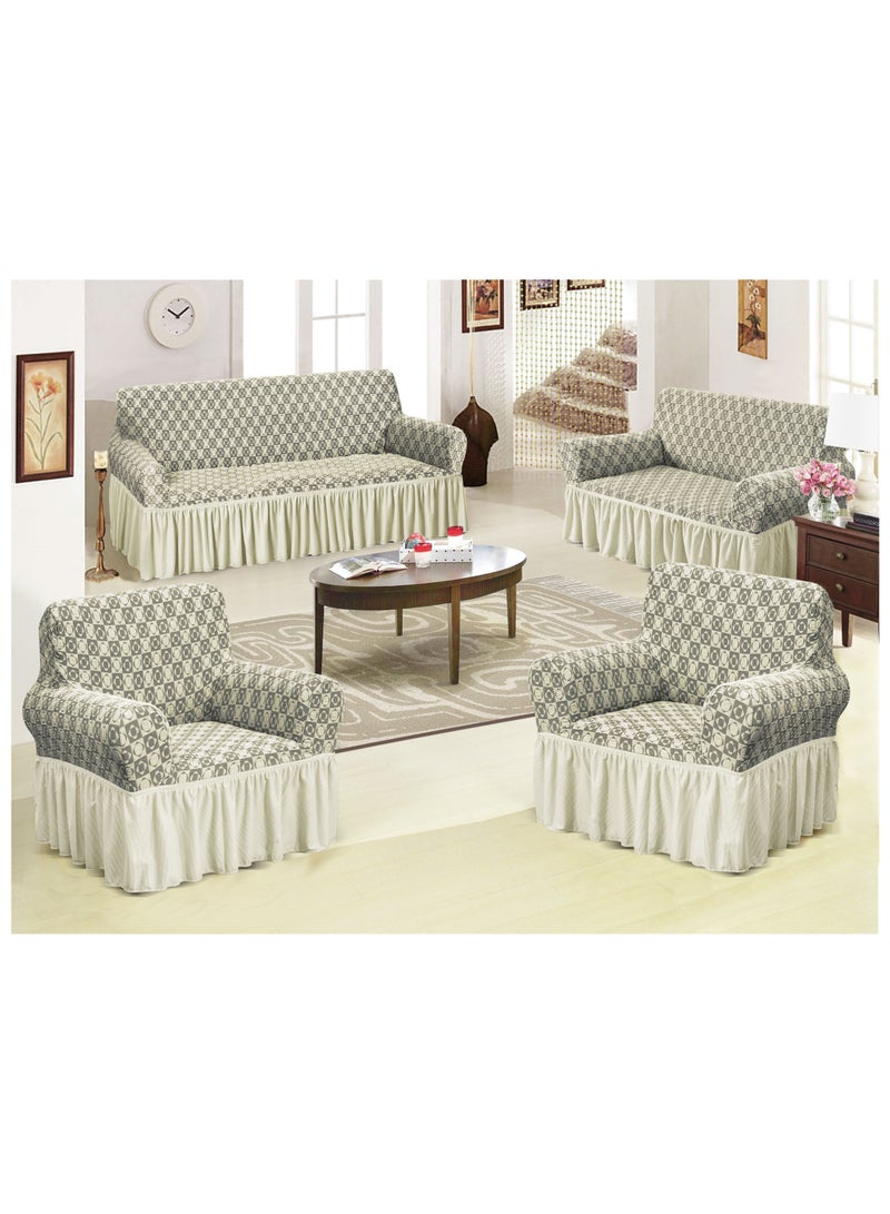 4-Piece Stretchable Sofa Cover Set Jacquard Fabric Seven Seater Couch Cover Set 3211 Combination Cream