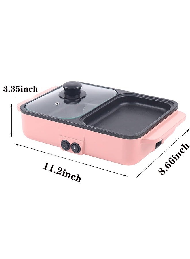 Hot Pot with Grill,2 in 1 Indoor Non-Stick Electric Hot Pot and Frying Pan (Pink)