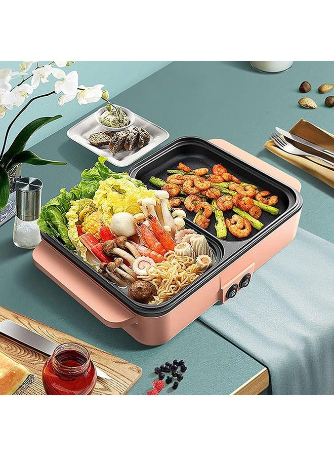 Hot Pot with Grill,2 in 1 Indoor Non-Stick Electric Hot Pot and Frying Pan (Pink)