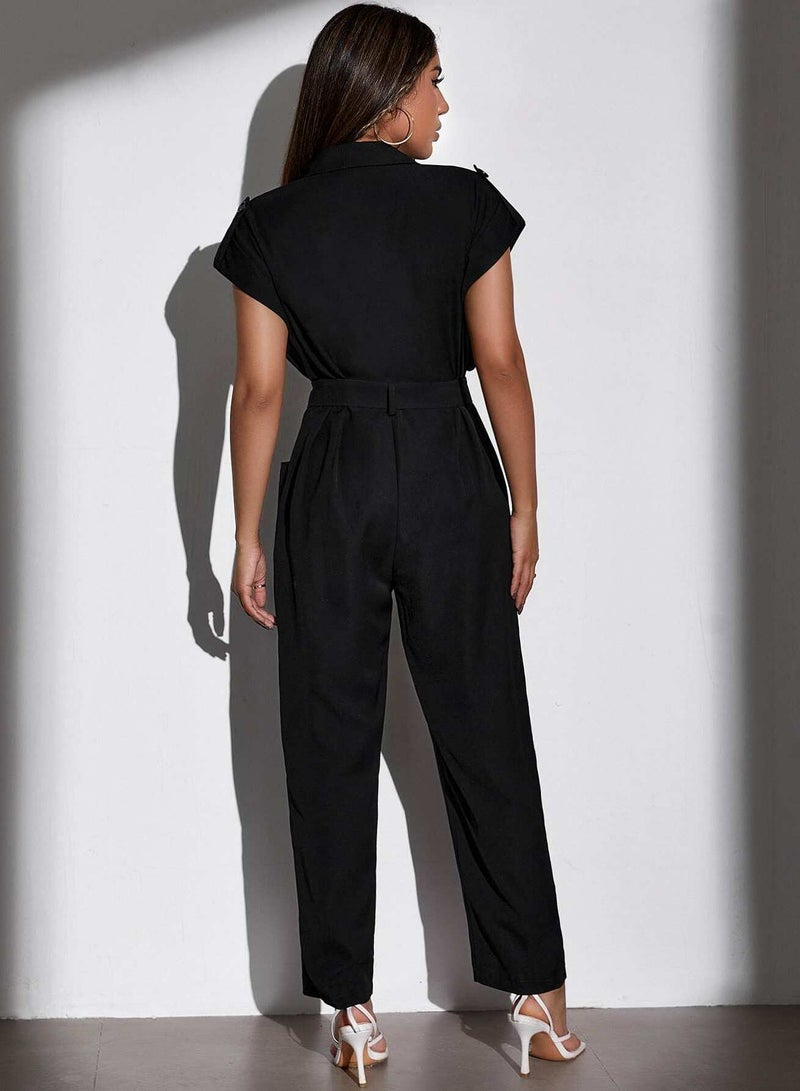 Roll Tab Sleeve Flap Pocket O-ring Belted Shirt Jumpsuit