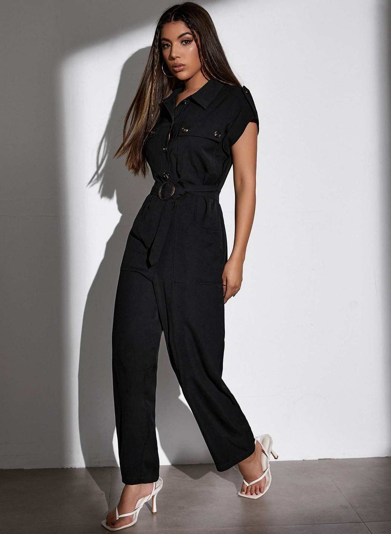 Roll Tab Sleeve Flap Pocket O-ring Belted Shirt Jumpsuit