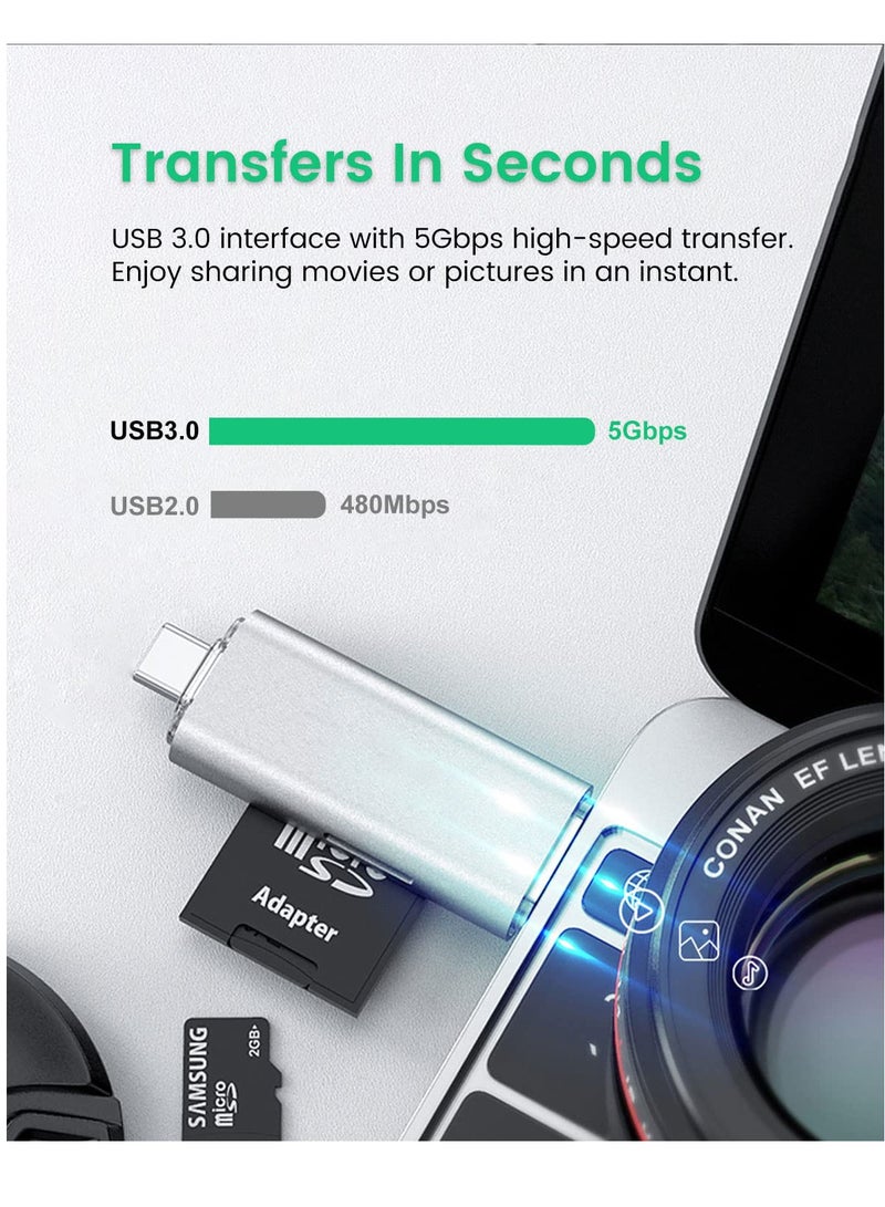 Micro SD Card Reader, USB 3.0 USB-C Memory Card Reader, Aluminum Multi 2-in-1 External SD Card Adapter for Phone Camera PC Laptop Table, Support TF/SD/Micro/SD/SDXC/SDHC/MMC/RS-MMC/UHS-I