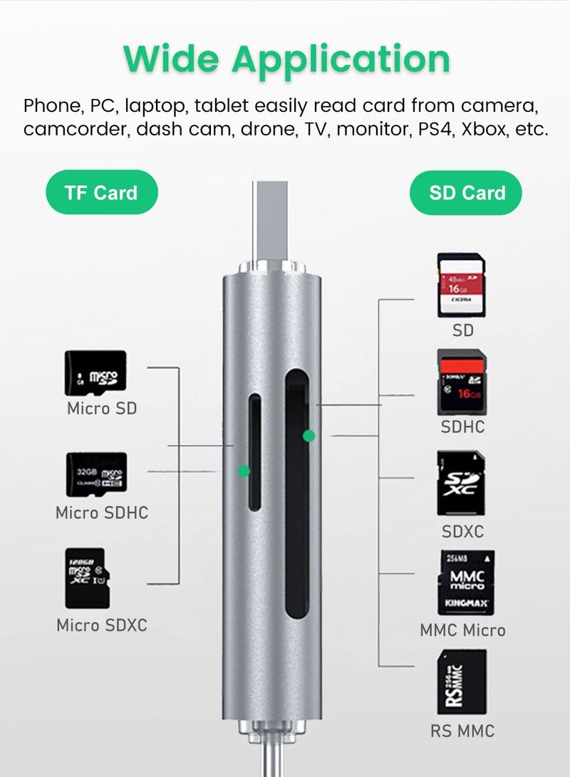 Micro SD Card Reader, USB 3.0 USB-C Memory Card Reader, Aluminum Multi 2-in-1 External SD Card Adapter for Phone Camera PC Laptop Table, Support TF/SD/Micro/SD/SDXC/SDHC/MMC/RS-MMC/UHS-I