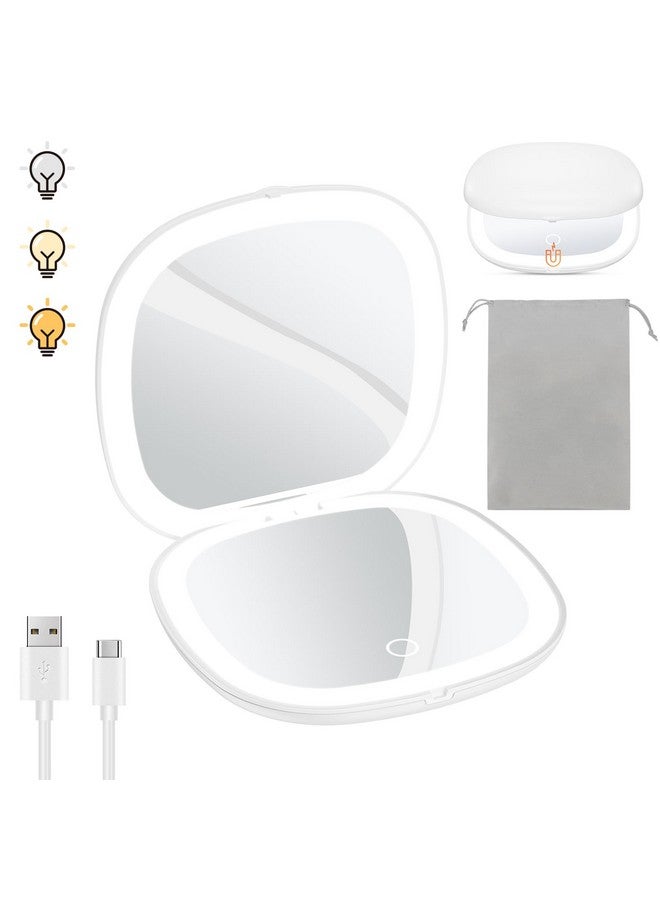 3.9 Rechargeable Compact Makeup Mirror With 3 Light Colors And Magnification 1X / 10X Double Light Strip Dimmable Travel Makeup Mirror Led Compact Mirror Small Purse Mirror White