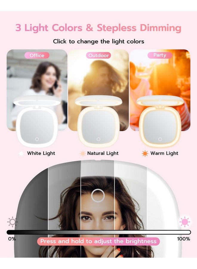 3.9 Rechargeable Compact Makeup Mirror With 3 Light Colors And Magnification 1X / 10X Double Light Strip Dimmable Travel Makeup Mirror Led Compact Mirror Small Purse Mirror White