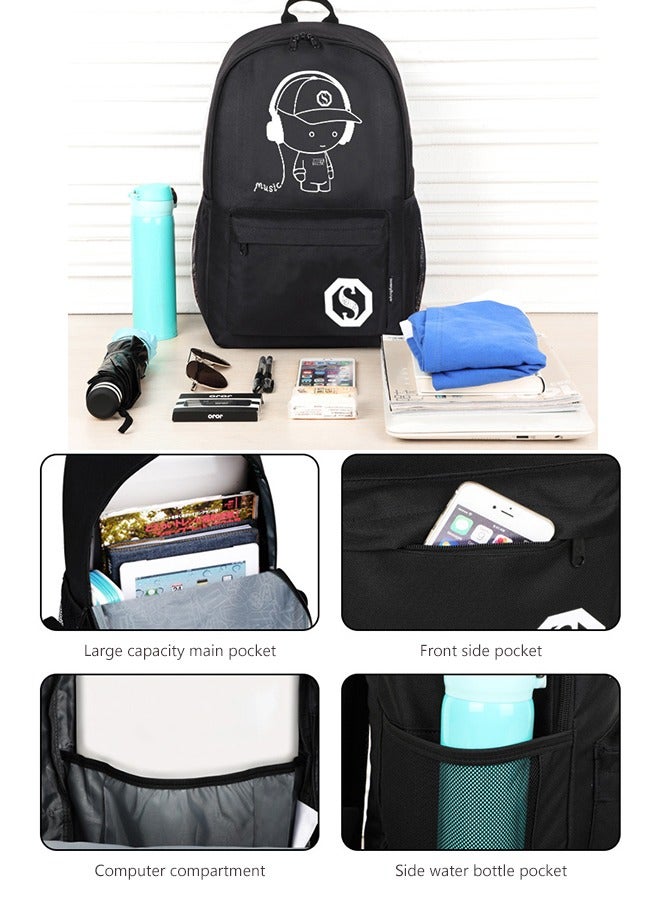 Luminous Hiking Cycling Waterproof Backpack, 15.6'' Laptop Bag with USB Charging Port Anti-theft Lock Pencil Case, Dark Canvas Notebook Shoulder Bag for Boys Girls