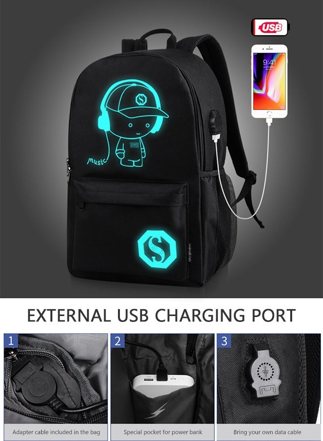 Luminous Hiking Cycling Waterproof Backpack, 15.6'' Laptop Bag with USB Charging Port Anti-theft Lock Pencil Case, Dark Canvas Notebook Shoulder Bag for Boys Girls
