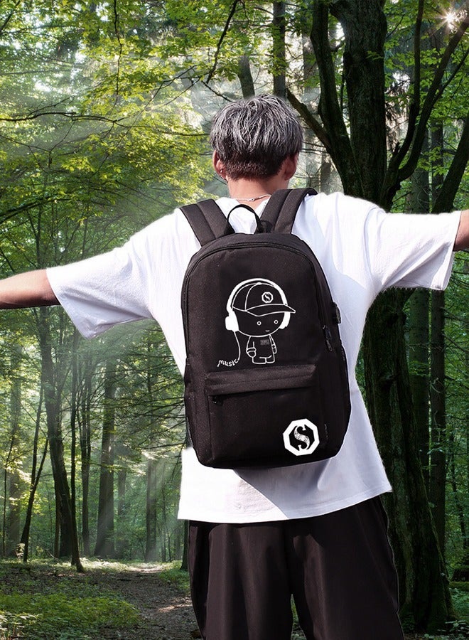 Luminous Hiking Cycling Waterproof Backpack, 15.6'' Laptop Bag with USB Charging Port Anti-theft Lock Pencil Case, Dark Canvas Notebook Shoulder Bag for Boys Girls