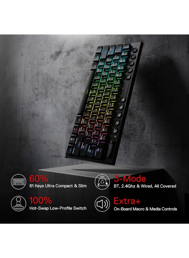 Redragon K632 PRO Noctis 60% Wireless RGB Mechanical Keyboard, Bluetooth/2.4Ghz/Wired Tri-Mode Ultra-Thin Low Profile Gaming Keyboard