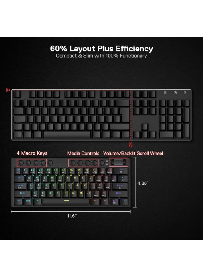 Redragon K632 PRO Noctis 60% Wireless RGB Mechanical Keyboard, Bluetooth/2.4Ghz/Wired Tri-Mode Ultra-Thin Low Profile Gaming Keyboard