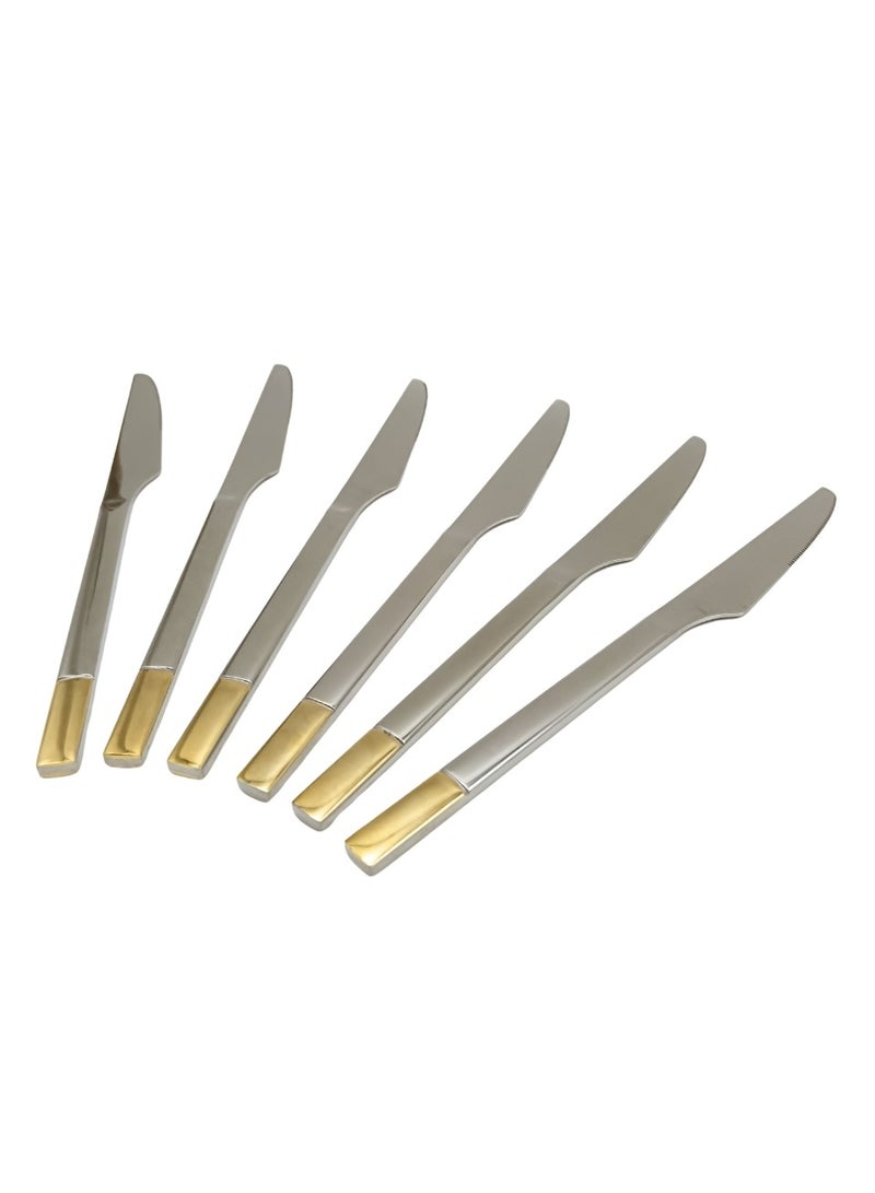 Liying 6Pcs Gold Topper Design Stainless Steel Steak Knives Set 22.5cm x 1.5cm, Modern Silver Steak Knives for Home, Kitchen, Restaurant, Fine Edge & Mirror Polished, Dishwasher Safe