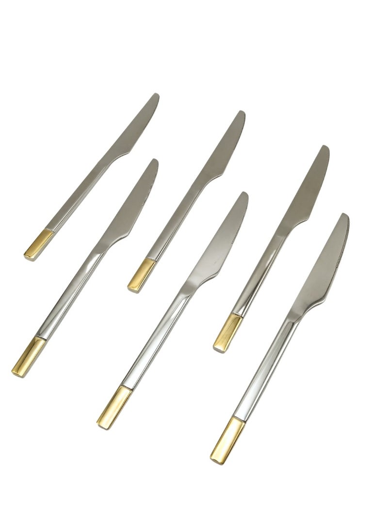 Liying 6Pcs Gold Topper Design Stainless Steel Steak Knives Set 22.5cm x 1.5cm, Modern Silver Steak Knives for Home, Kitchen, Restaurant, Fine Edge & Mirror Polished, Dishwasher Safe