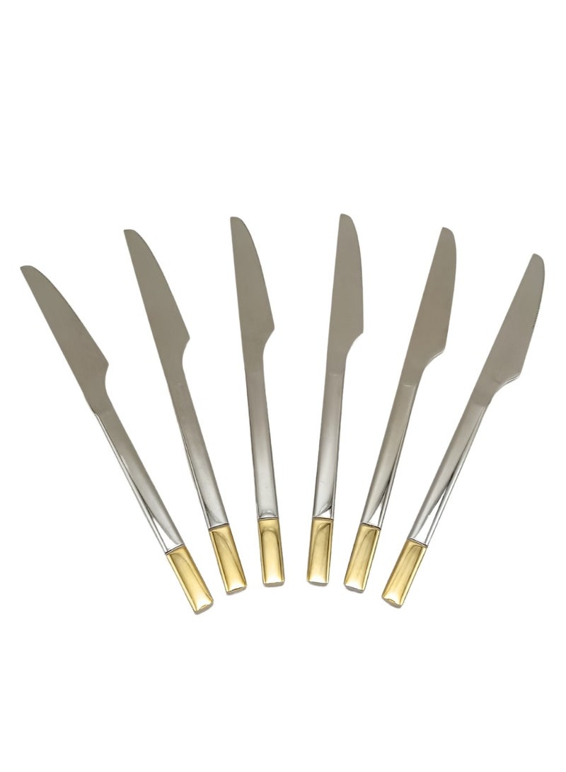 Liying 6Pcs Gold Topper Design Stainless Steel Steak Knives Set 22.5cm x 1.5cm, Modern Silver Steak Knives for Home, Kitchen, Restaurant, Fine Edge & Mirror Polished, Dishwasher Safe