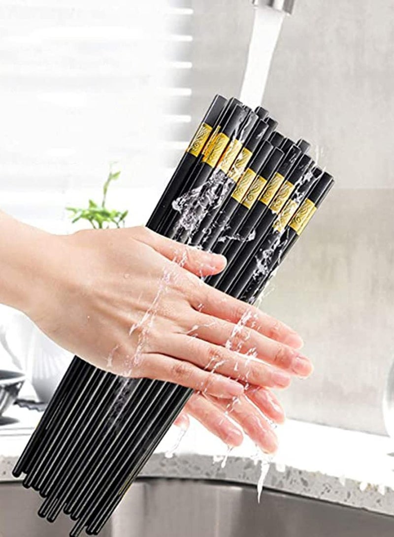 10 Pairs Reusable Chopsticks Dishwasher Safe, Fiberglass Chop Sticks Multipack Metal Japanese Korean Chopsticks for Food, BPA-Free, Safe, Gift, Smooth Touch, Black and Gold