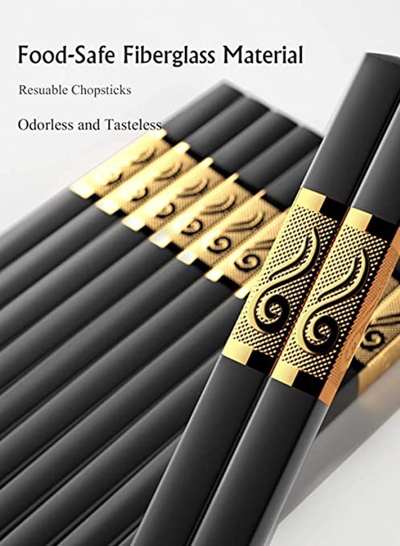 10 Pairs Reusable Chopsticks Dishwasher Safe, Fiberglass Chop Sticks Multipack Metal Japanese Korean Chopsticks for Food, BPA-Free, Safe, Gift, Smooth Touch, Black and Gold