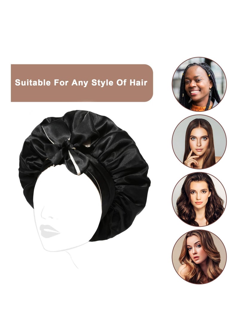 Satin Bonnet Silk Sleep Cap Hair Bonnets for Women Stretchy Tie Band Hair Cap for Curly Hair Silk Hair Wrap(Champagne+Black)