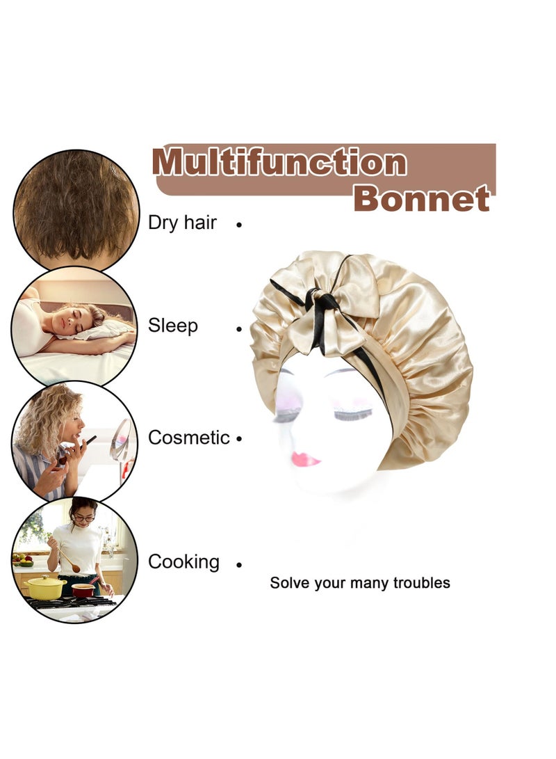 Satin Bonnet Silk Sleep Cap Hair Bonnets for Women Stretchy Tie Band Hair Cap for Curly Hair Silk Hair Wrap(Champagne+Black)