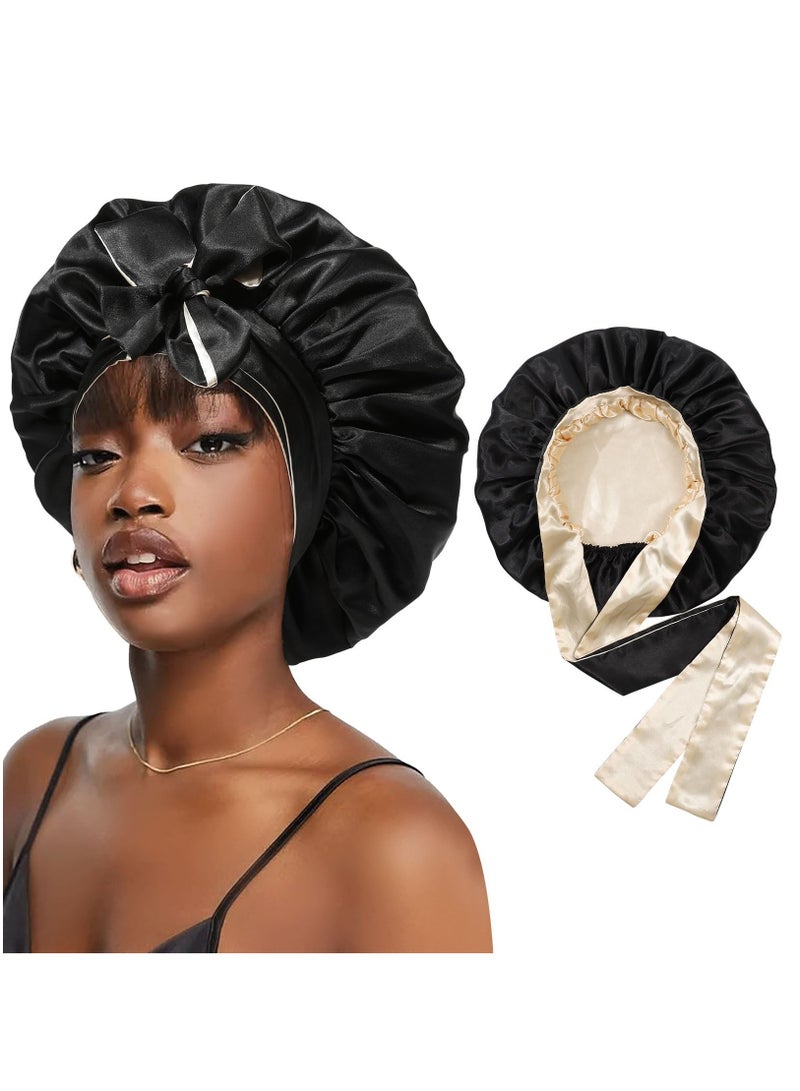 Satin Bonnet Silk Sleep Cap Hair Bonnets for Women Stretchy Tie Band Hair Cap for Curly Hair Silk Hair Wrap(Champagne+Black)