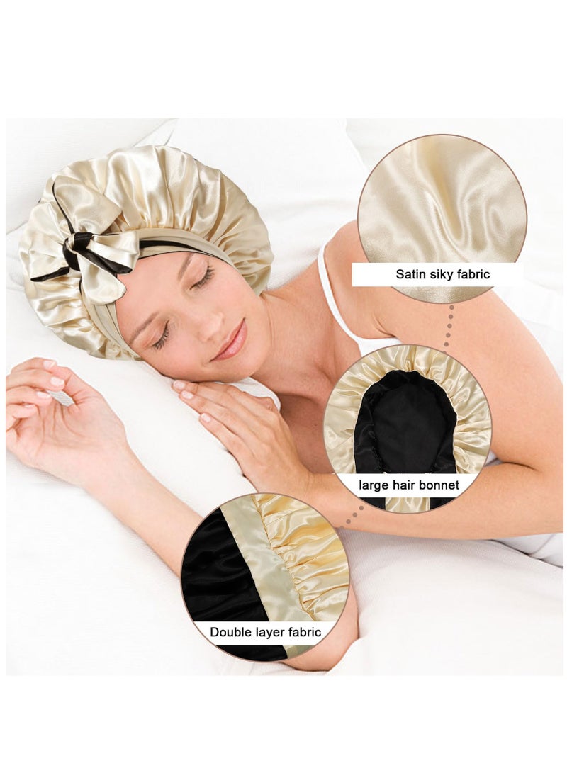 Satin Bonnet Silk Sleep Cap Hair Bonnets for Women Stretchy Tie Band Hair Cap for Curly Hair Silk Hair Wrap(Champagne+Black)