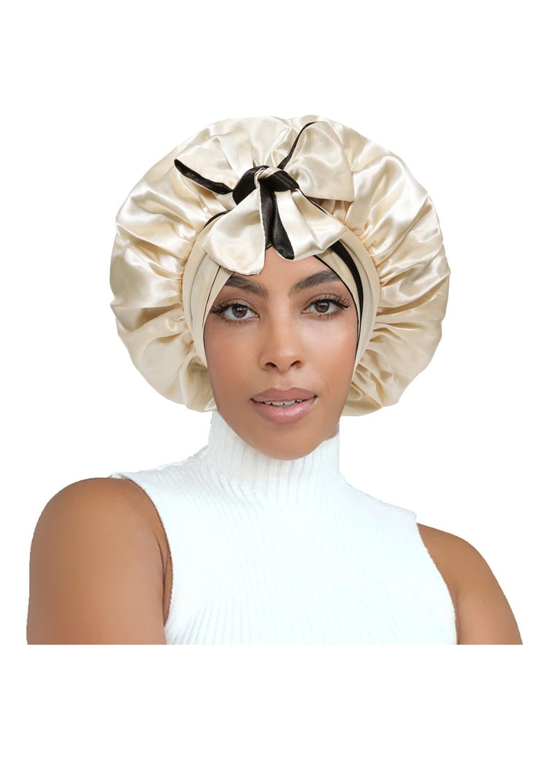 Satin Bonnet Silk Sleep Cap Hair Bonnets for Women Stretchy Tie Band Hair Cap for Curly Hair Silk Hair Wrap(Champagne+Black)
