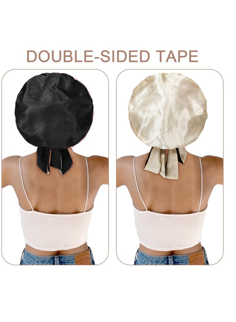 Satin Bonnet Silk Sleep Cap Hair Bonnets for Women Stretchy Tie Band Hair Cap for Curly Hair Silk Hair Wrap(Champagne+Black)