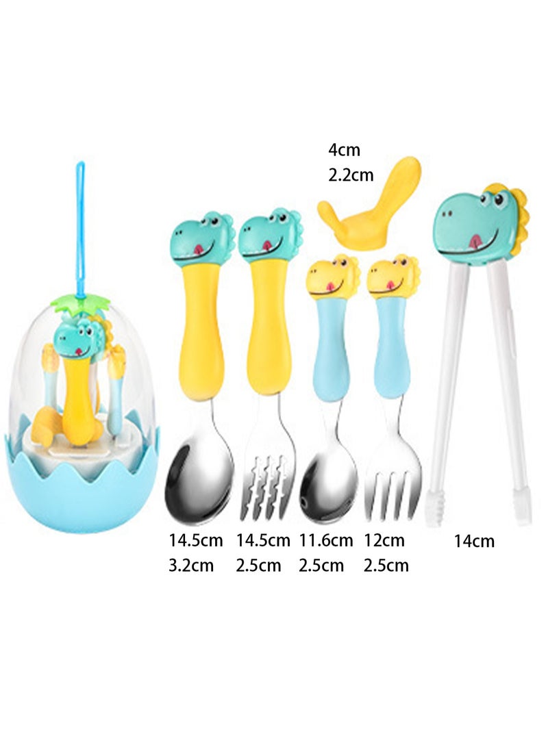 Creative Cartoon Dinosaur Children's Tableware Set Fork Spoon Training Baby Baby (Blue Dinosaur)