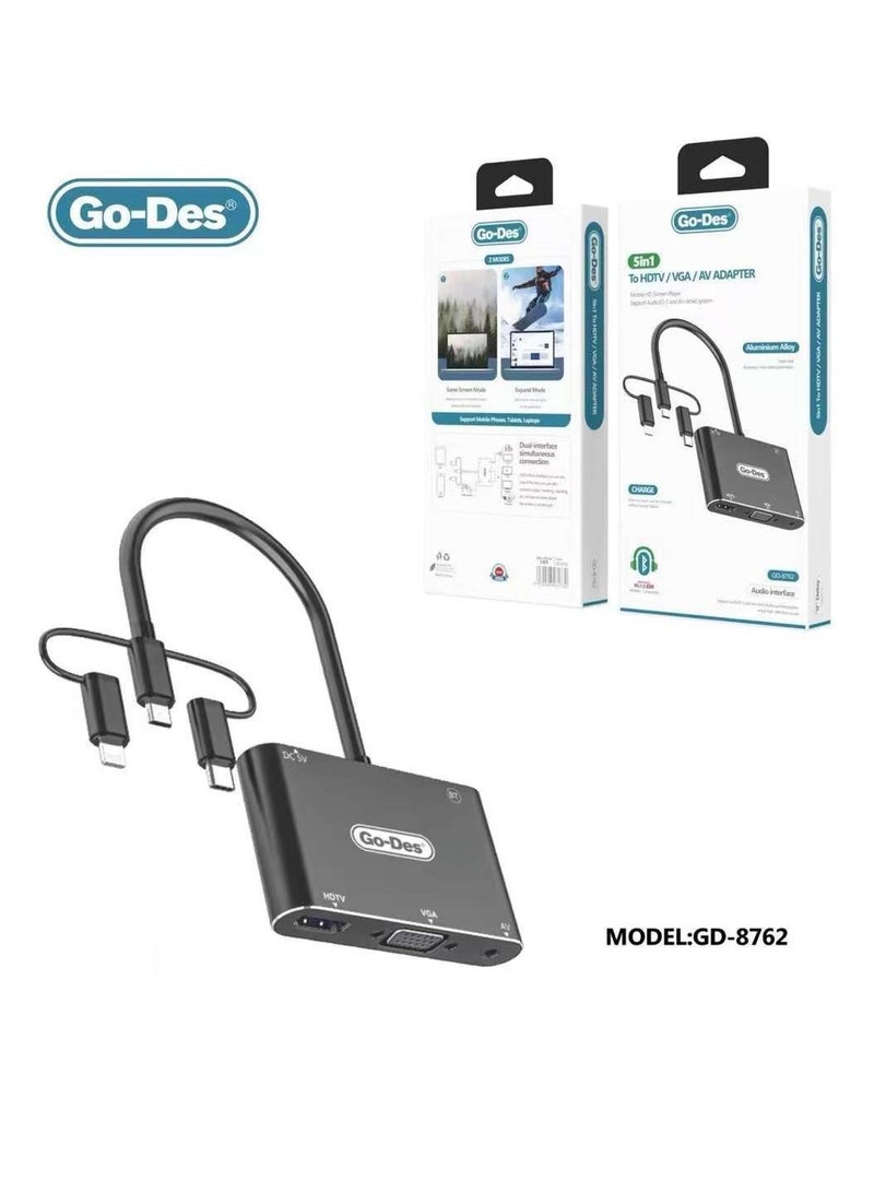 Go-Does 5 in 1 HD Laptop Monitor Player USB-C  to HDTV VGA AV Adapter GD-8762