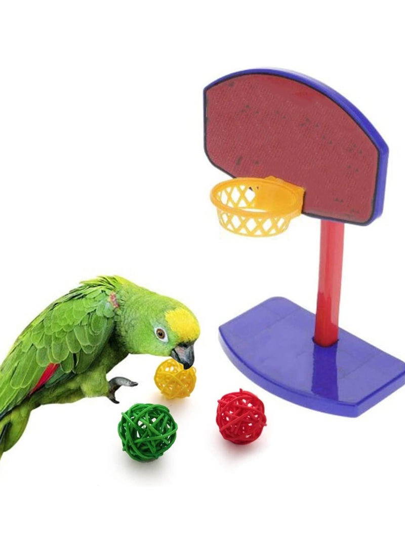 4Pcs Bird Training Intelligence Toys Set Included Training Basketball, Colorful Stacking Rings, Mini Skateboard and Shopping Cart Toy, Sepak Takraw for Parrots, Budgies, Cockatiel, Parakeet