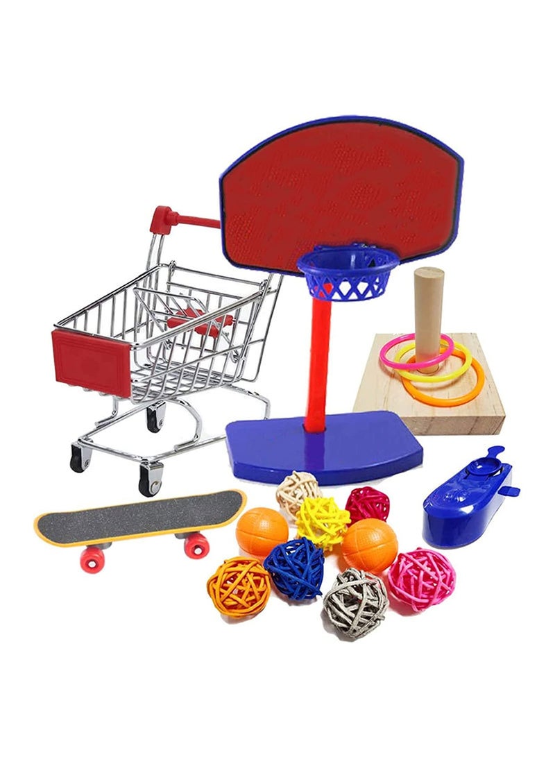 4Pcs Bird Training Intelligence Toys Set Included Training Basketball, Colorful Stacking Rings, Mini Skateboard and Shopping Cart Toy, Sepak Takraw for Parrots, Budgies, Cockatiel, Parakeet