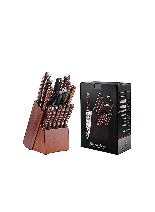 Knife Set, 15 Pcs High Carbon Stainless Steel Kitchen Knives Sets Professional, hammered stainless steel knife + wooden handle, knife set with scissors and sharpener