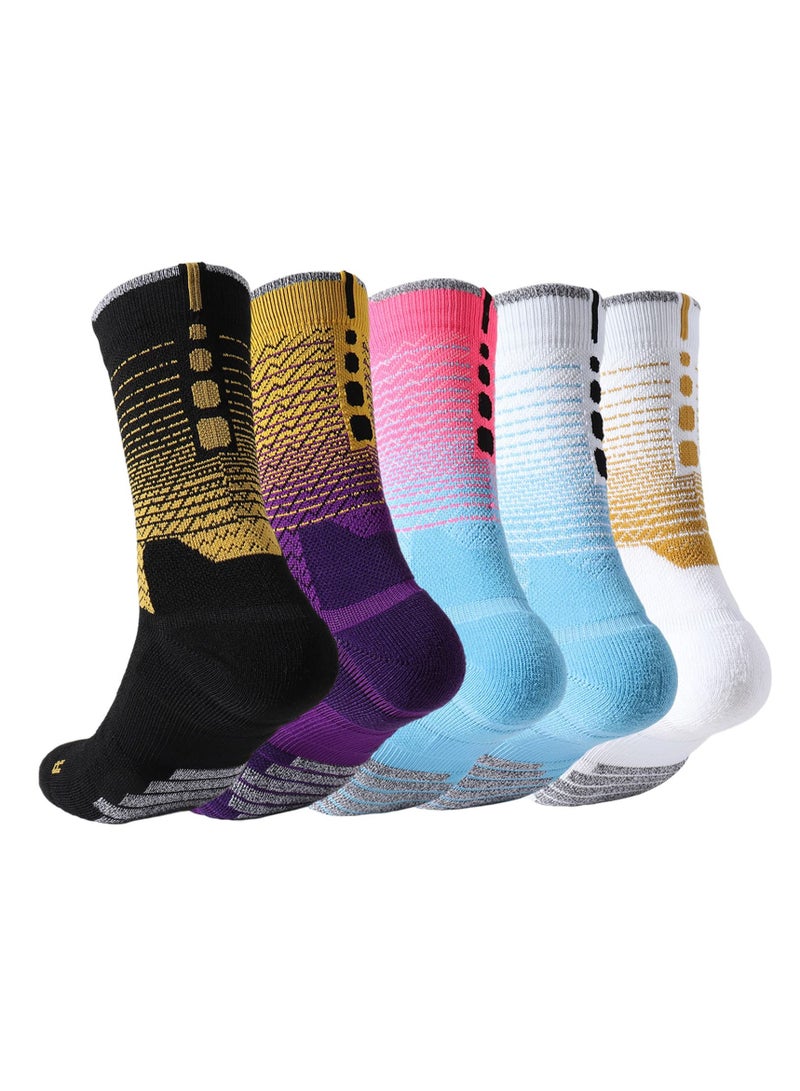 Sports Socks, 5 Pairs of Men's Basketball Socks Outdoor Sports Colorful Trendy Mid-calf Soccer Socks High Elasticity Compression Player Socks for Outdoor Competition Team Leggings