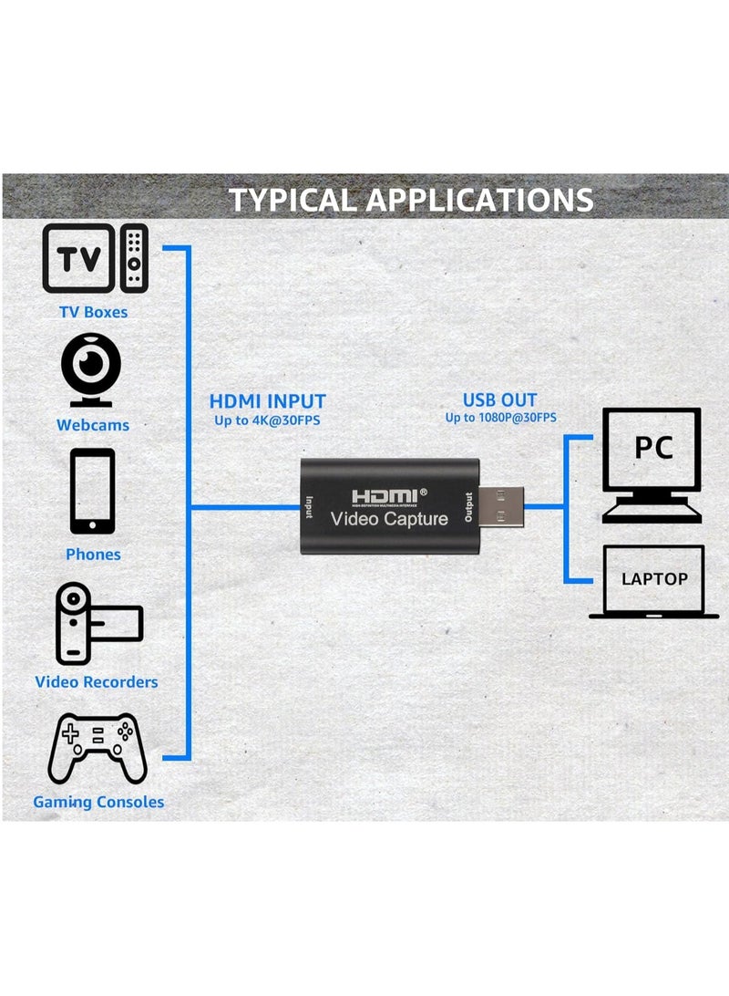 Portable Audio Video Capture Cards, HDMI to USB 2.0 1080P 4K Record, Via DSLR Camcorder Action Cam for High Definition Acquisition, Live Broadcasting