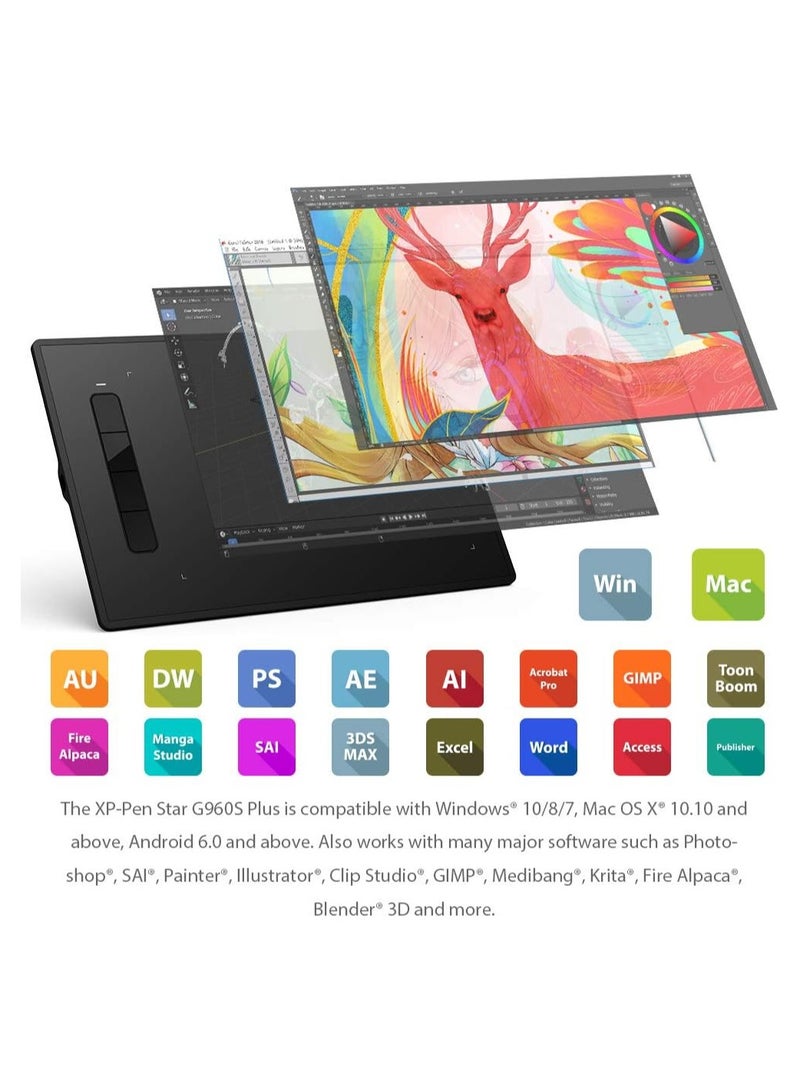 G960S Plus Graphic Tablet 9 x 6 Inch Stylus Pen 8192 Levels with Digital Eraser and 60 Degree Tilt