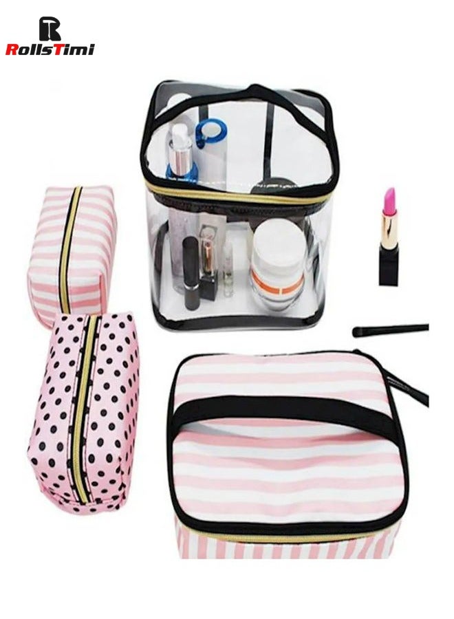 4-Piece Cosmetic Bags Set Clear/Black/Pink