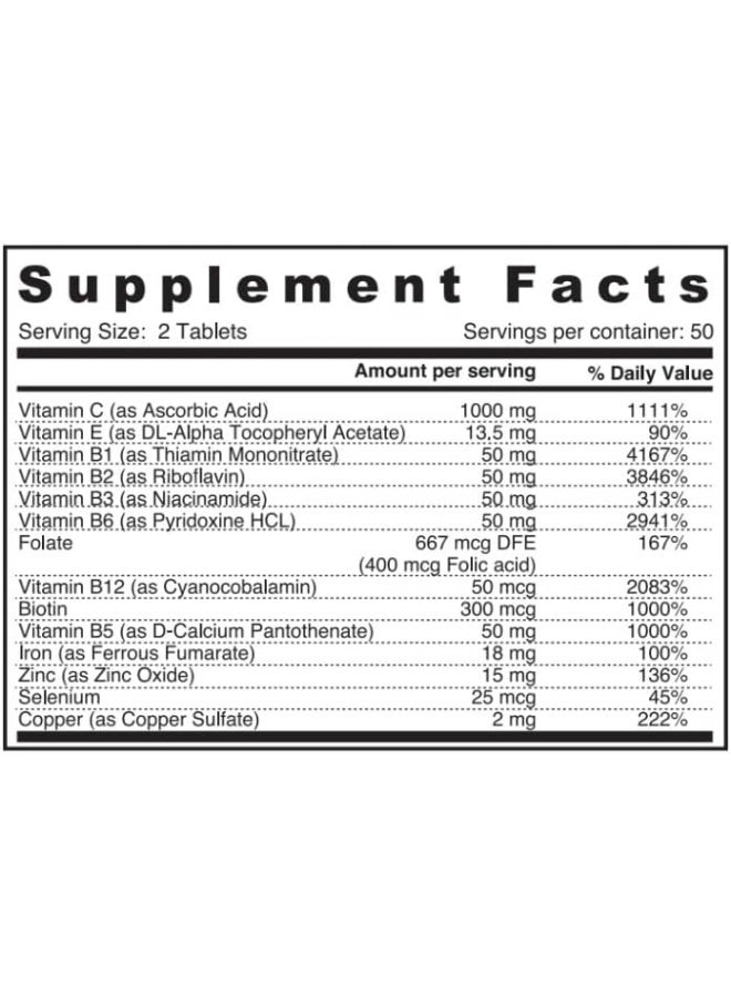 B-Complex With Vitamin C 1000Mg Supports Healthy Immune System Promotes Nervous Function Energy Metabolism 100 Tablets