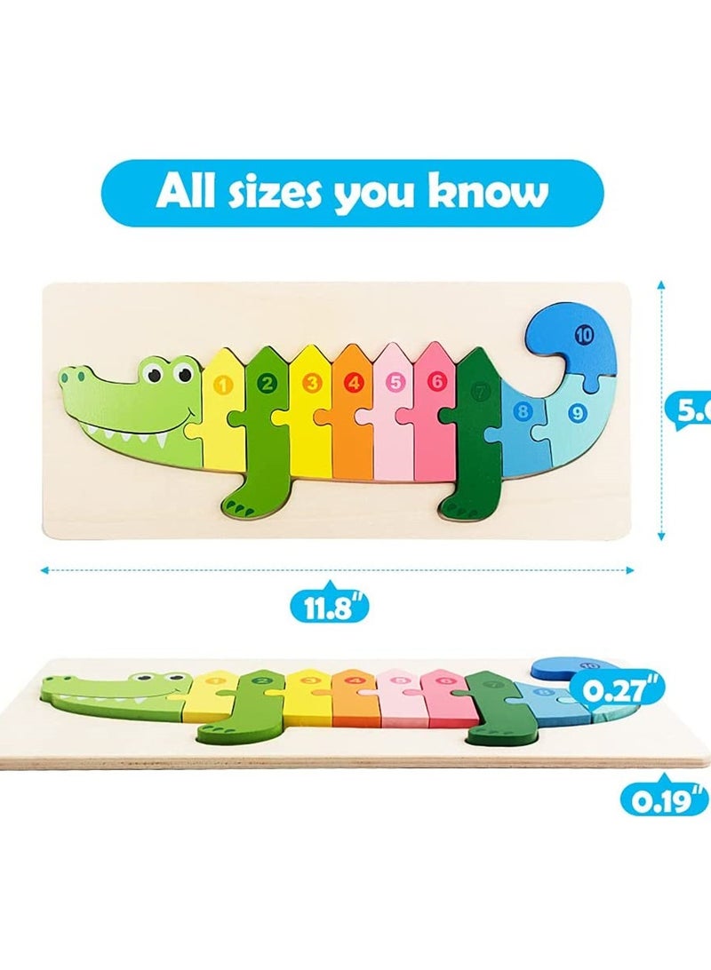 Wooden Jigsaw Puzzle for Toddlers, 3 Pack Animals Dinosaur Crocodile Giraffe, Colorful Wood Numbered Puzzles Baby Infant Kid Preschool Learning Educational Toys 2-5 Years Old