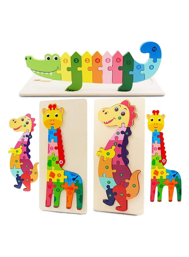 Wooden Jigsaw Puzzle for Toddlers, 3 Pack Animals Dinosaur Crocodile Giraffe, Colorful Wood Numbered Puzzles Baby Infant Kid Preschool Learning Educational Toys 2-5 Years Old