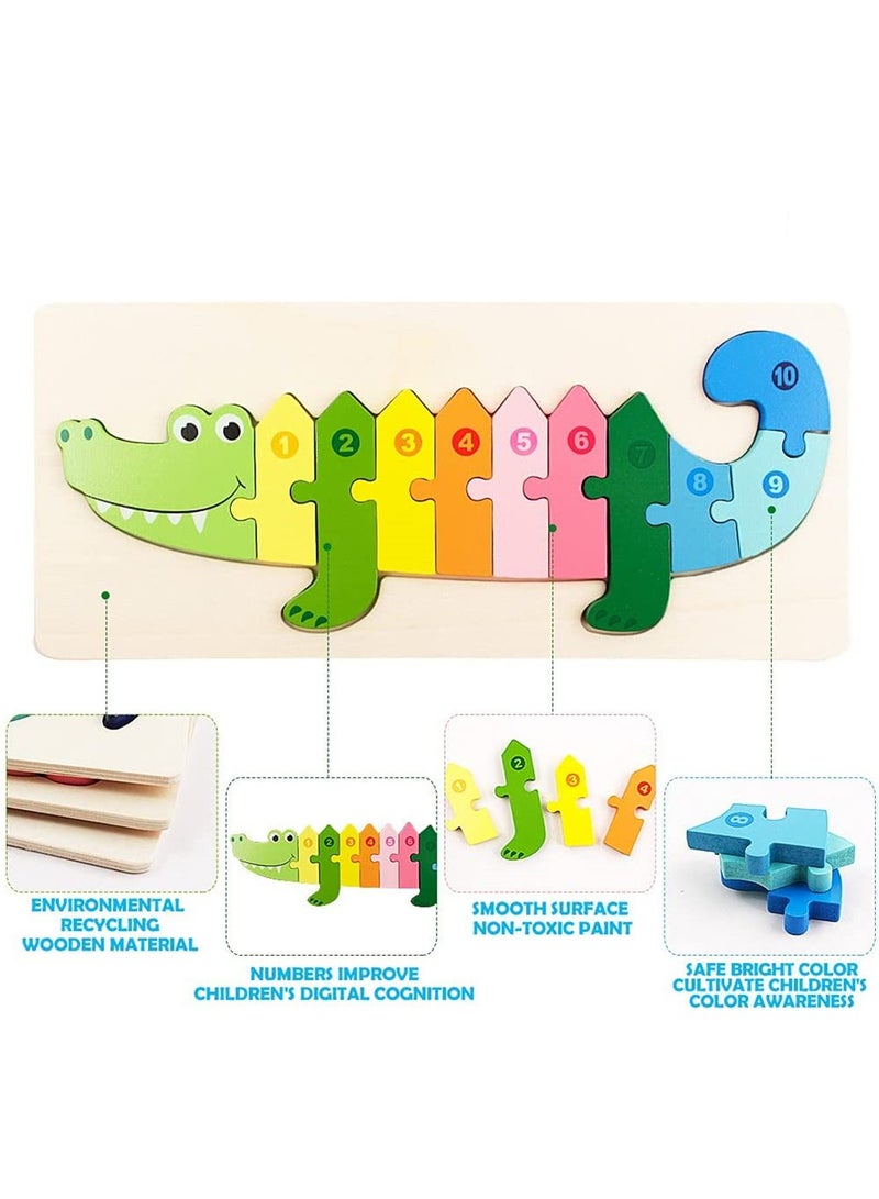 Wooden Jigsaw Puzzle for Toddlers, 3 Pack Animals Dinosaur Crocodile Giraffe, Colorful Wood Numbered Puzzles Baby Infant Kid Preschool Learning Educational Toys 2-5 Years Old