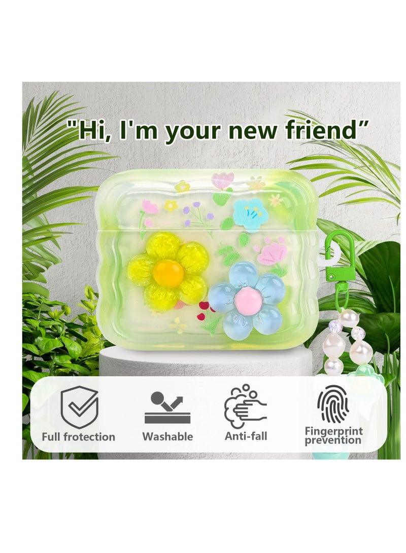 Cute Cases for AirPods Pro, Curly Wave Frame Shape Flowers Cover with Heart Bead Pendant and Three-dimensional flowers, Girls Girly Liquid Glitter Bling Sparkle Design Case for AirPods Pro, Green