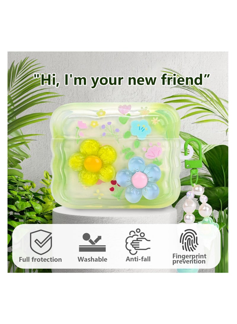 Cute Cases for AirPods Pro, Curly Wave Frame Shape Flowers Cover with Heart Bead Pendant and Three-dimensional flowers, Girls Girly Liquid Glitter Bling Sparkle Design Case for AirPods Pro, Green